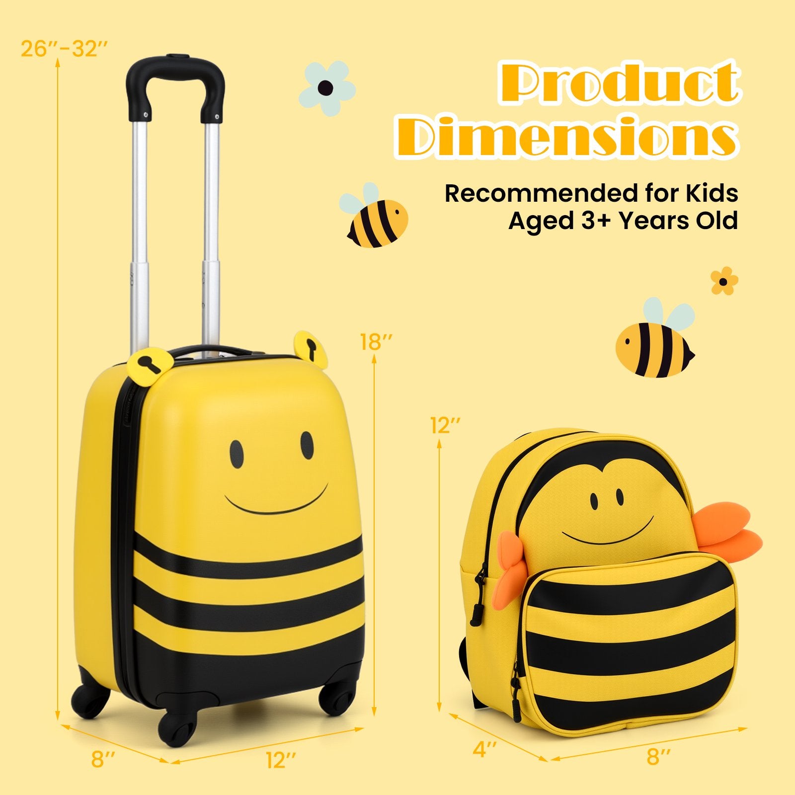 2 Pieces Kids Luggage Set on Wheels with Anti-Lose Rope and Retractable Rod, Yellow Kids Luggage at Gallery Canada