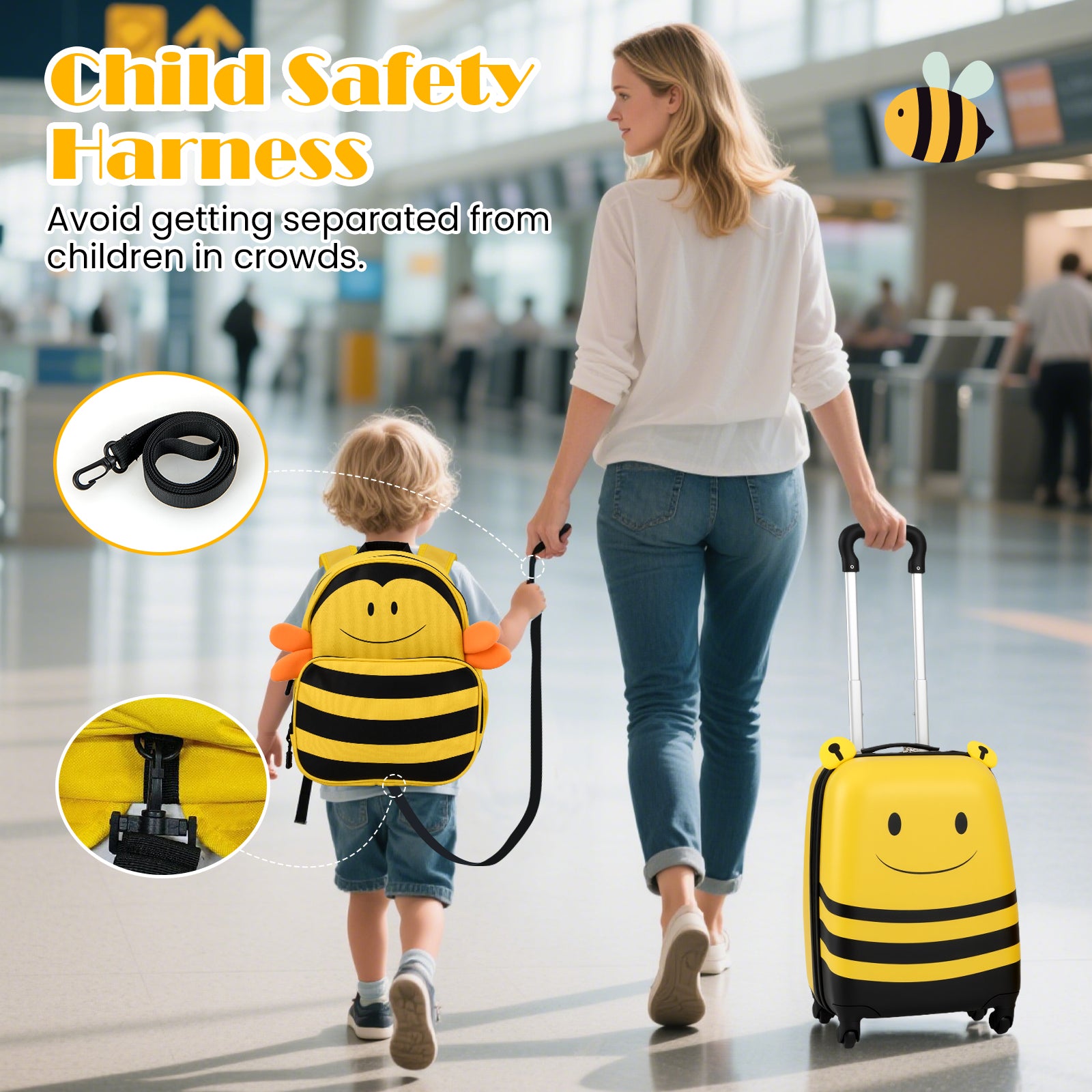 2 Pieces Kids Luggage Set on Wheels with Anti-Lose Rope and Retractable Rod, Yellow Kids Luggage at Gallery Canada