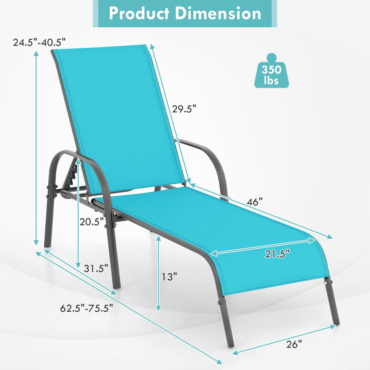 Outdoor Patio Lounge Chair, Adjustable Reclining Armrest, Turquoise Outdoor Chaise Lounges at Gallery Canada