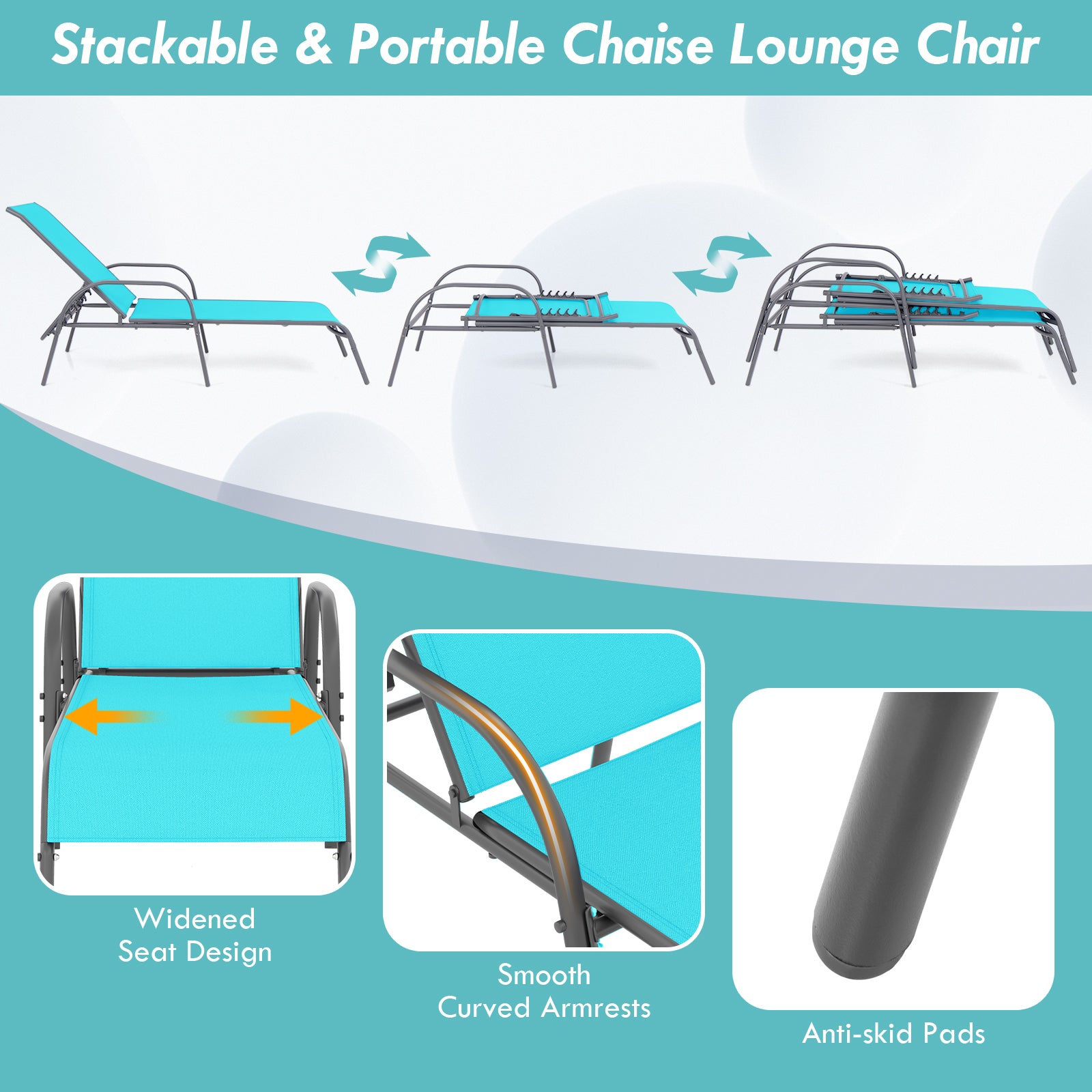 Outdoor Patio Lounge Chair, Adjustable Reclining Armrest, Turquoise Outdoor Chaise Lounges at Gallery Canada