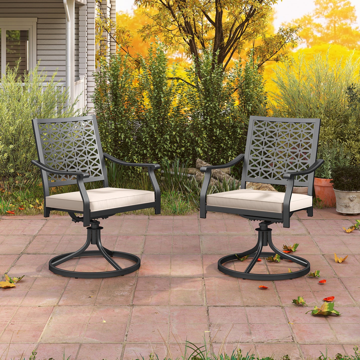 2 Outdoor Swivel Dining Chairs, Padded Cushions, Beige Patio Dining Chairs at Gallery Canada