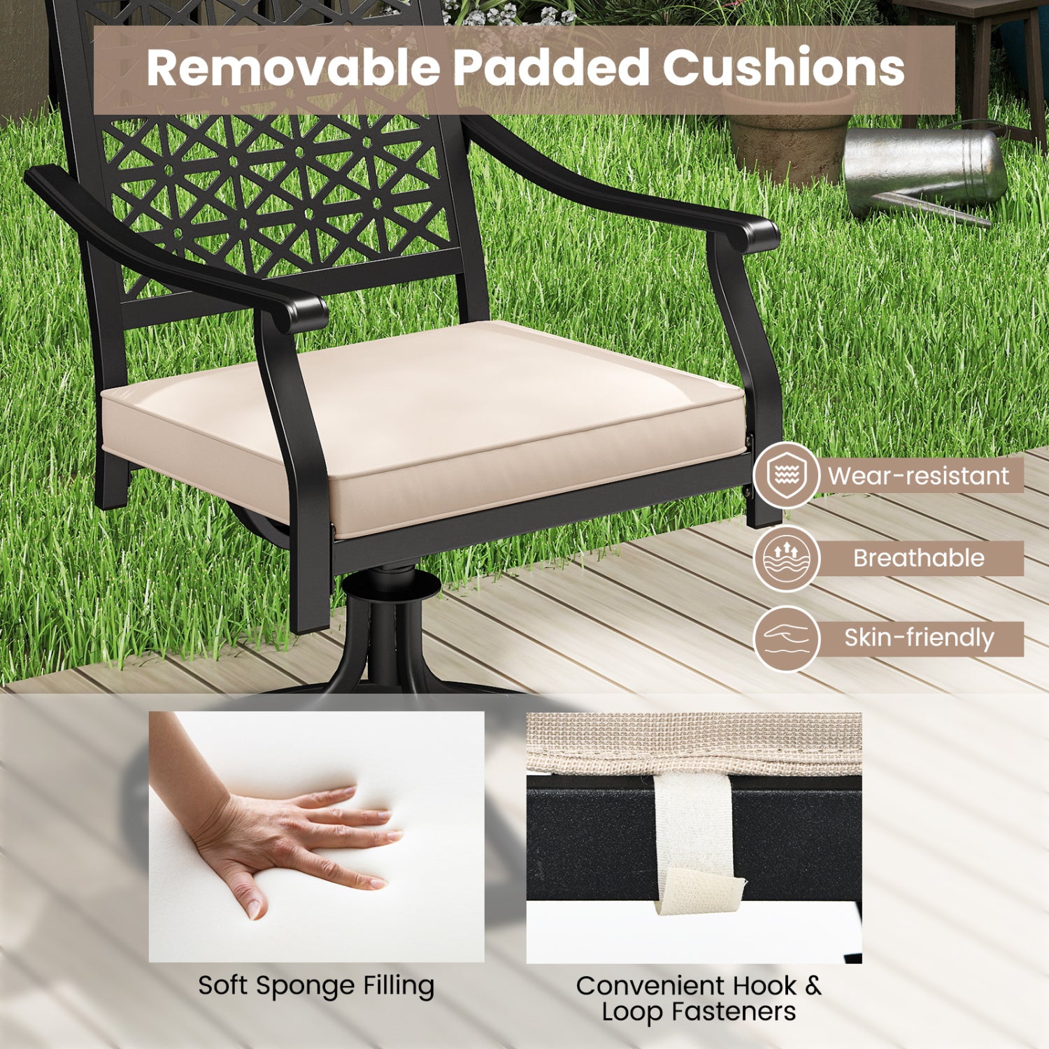 2 Outdoor Swivel Dining Chairs, Padded Cushions, Beige Patio Dining Chairs at Gallery Canada