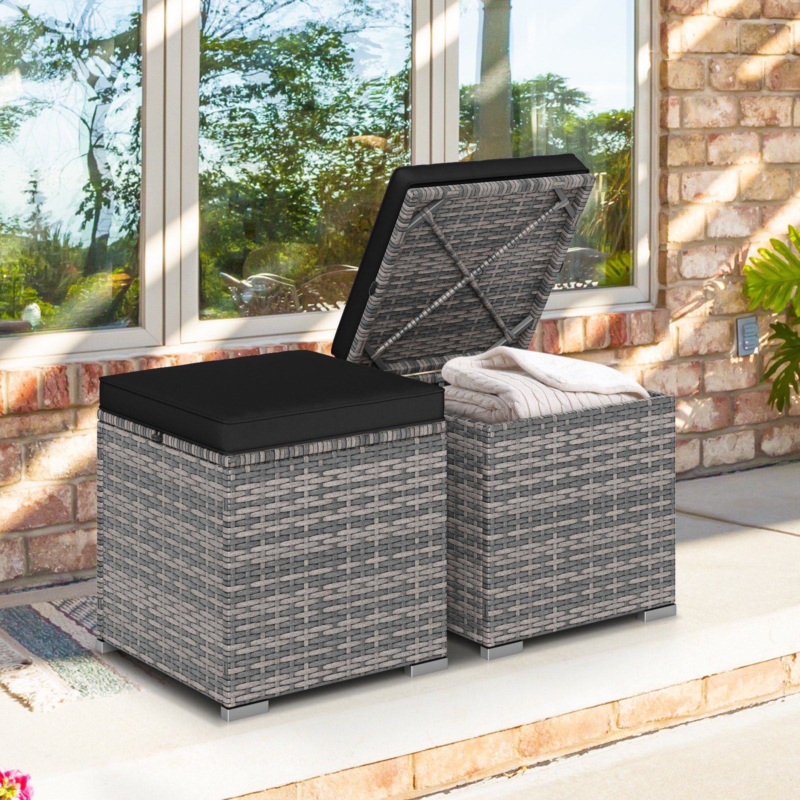 2 Pieces Patio Ottoman with Hidden Storage Space-Mix Grey-black, Mix Grey-black Outdoor Seating & Patio Chairs at Gallery Canada