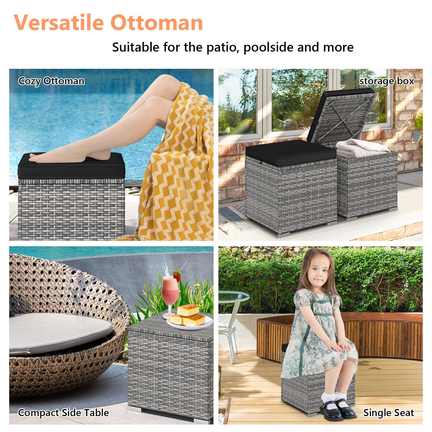 2 Pieces Patio Ottoman with Hidden Storage Space-Mix Grey-black, Mix Grey-black Outdoor Seating & Patio Chairs at Gallery Canada