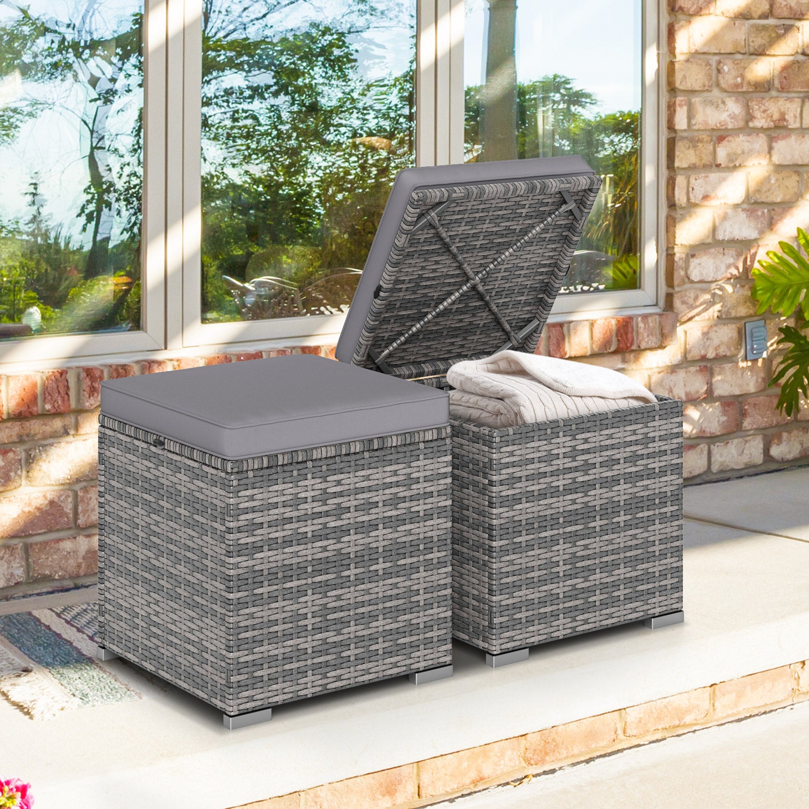2 Pieces Patio Ottoman with Hidden Storage Space-Mix Grey-grey, Mix Grey-grey Outdoor Seating & Patio Chairs at Gallery Canada