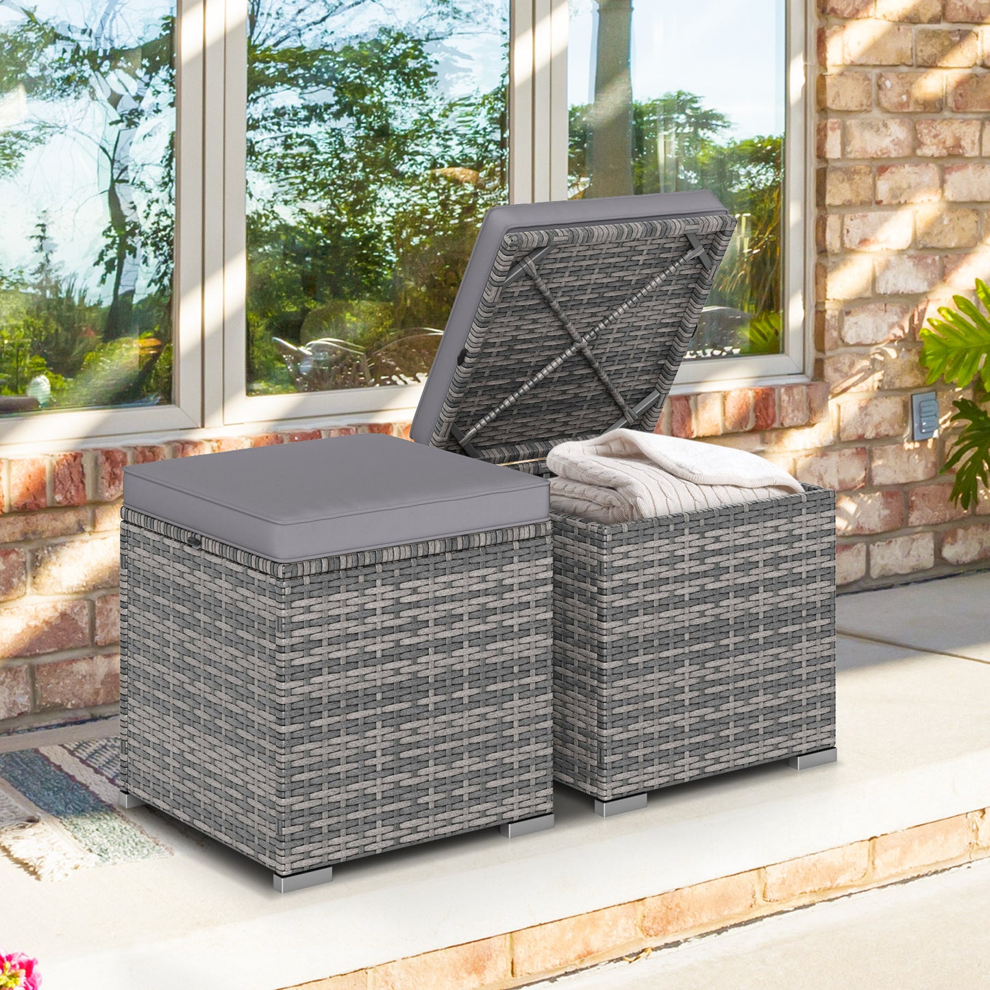 2 Pieces Patio Ottoman with Hidden Storage Space-Mix Grey-grey, Mix Grey-grey Outdoor Seating & Patio Chairs at Gallery Canada