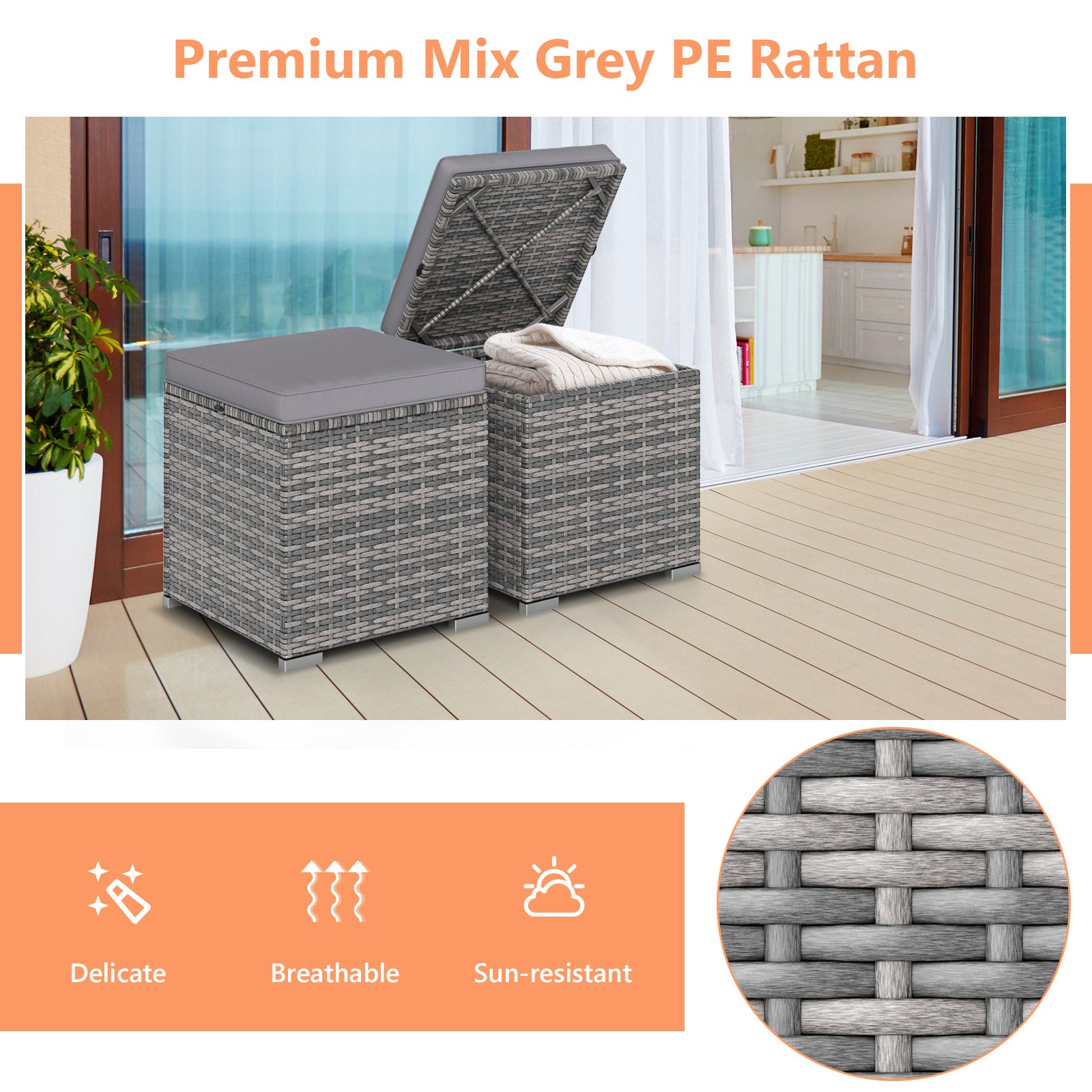2 Pieces Patio Ottoman with Hidden Storage Space-Mix Grey-grey, Mix Grey-grey Outdoor Seating & Patio Chairs at Gallery Canada