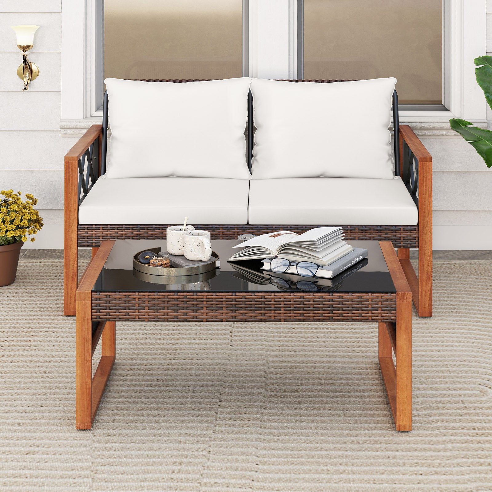 2 Pieces Patio PE Wicker Furniture Set Outside Conversation Set for Porch, White Patio Conversation Sets at Gallery Canada