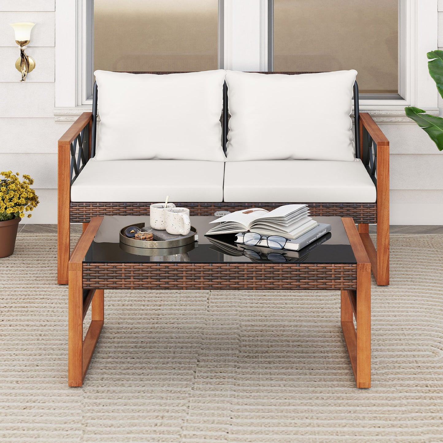 2 Pieces Patio PE Wicker Furniture Set Outside Conversation Set for Porch, White Patio Conversation Sets at Gallery Canada