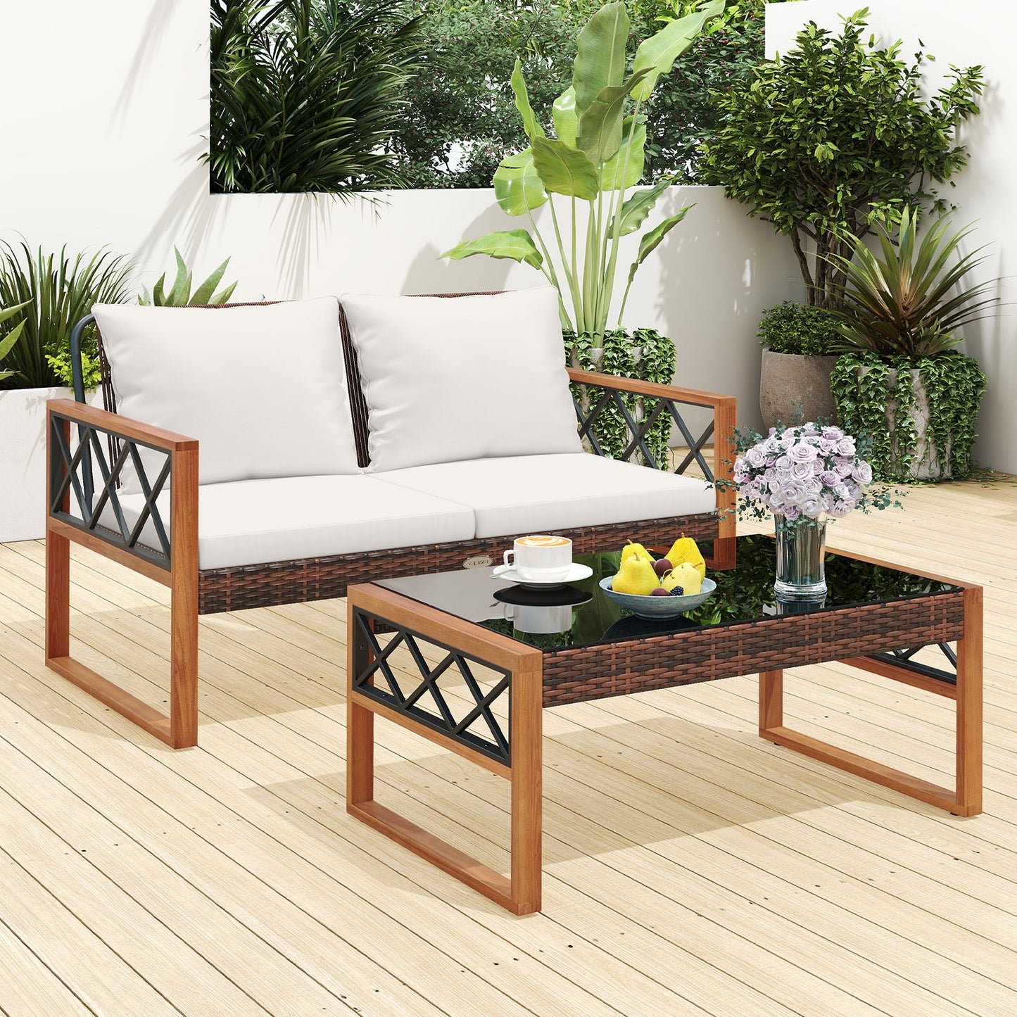 2 Pieces Patio PE Wicker Furniture Set Outside Conversation Set for Porch, White Patio Conversation Sets at Gallery Canada