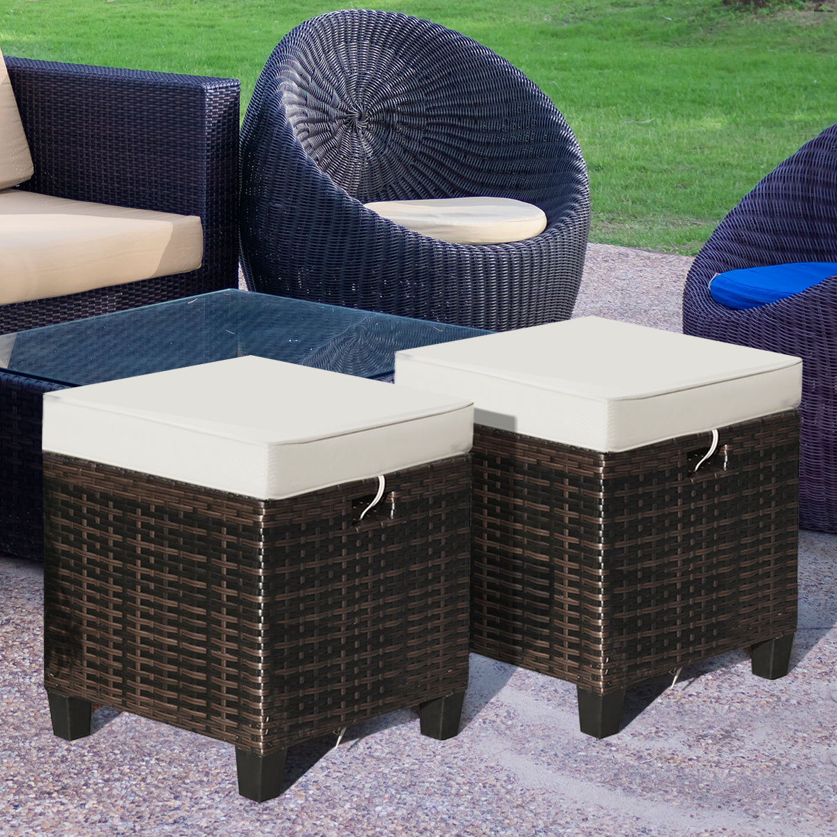 Patio Rattan Ottoman, Cushioned Seat Foot Rest, 2 Pcs, Beige Outdoor Seating & Patio Chairs at Gallery Canada