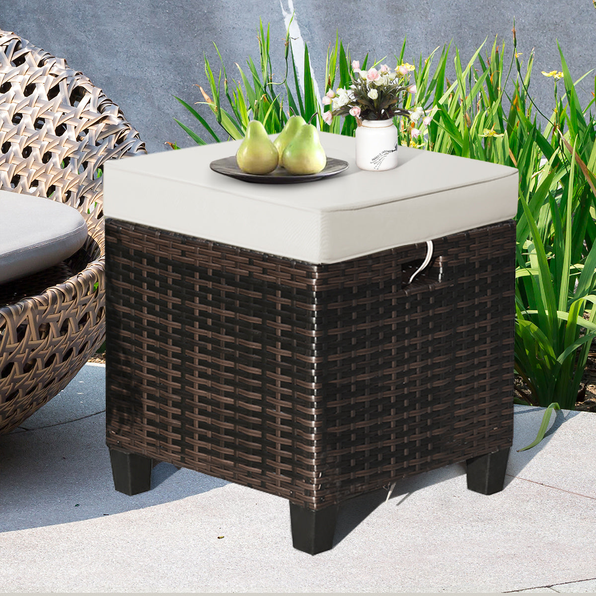 Patio Rattan Ottoman, Cushioned Seat Foot Rest, 2 Pcs, Beige Outdoor Seating & Patio Chairs at Gallery Canada