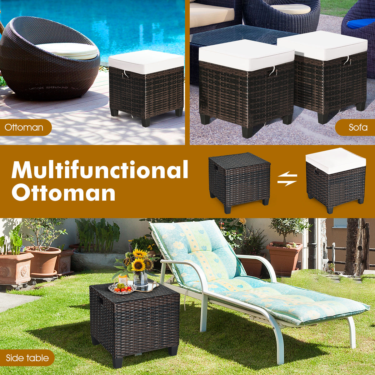 2 Pieces Patio Rattan Ottoman Cushioned Seat, Cream White Outdoor Seating & Patio Chairs at Gallery Canada