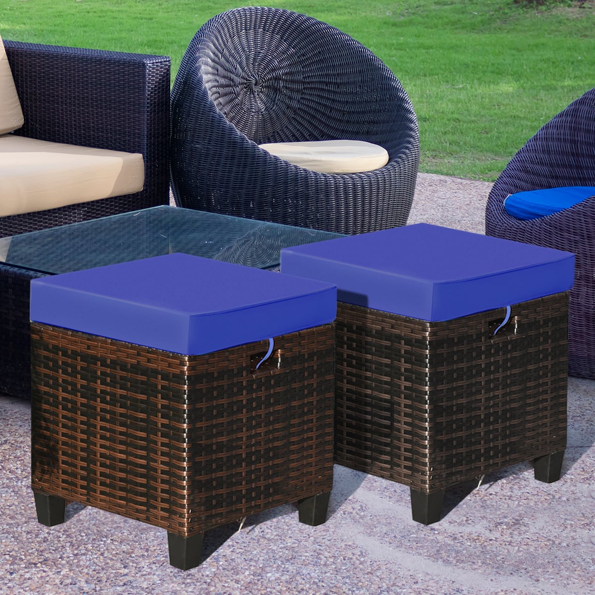 Patio Rattan Ottoman Set, 2 Pieces, Removable Cushions, Navy Outdoor Seating & Patio Chairs at Gallery Canada