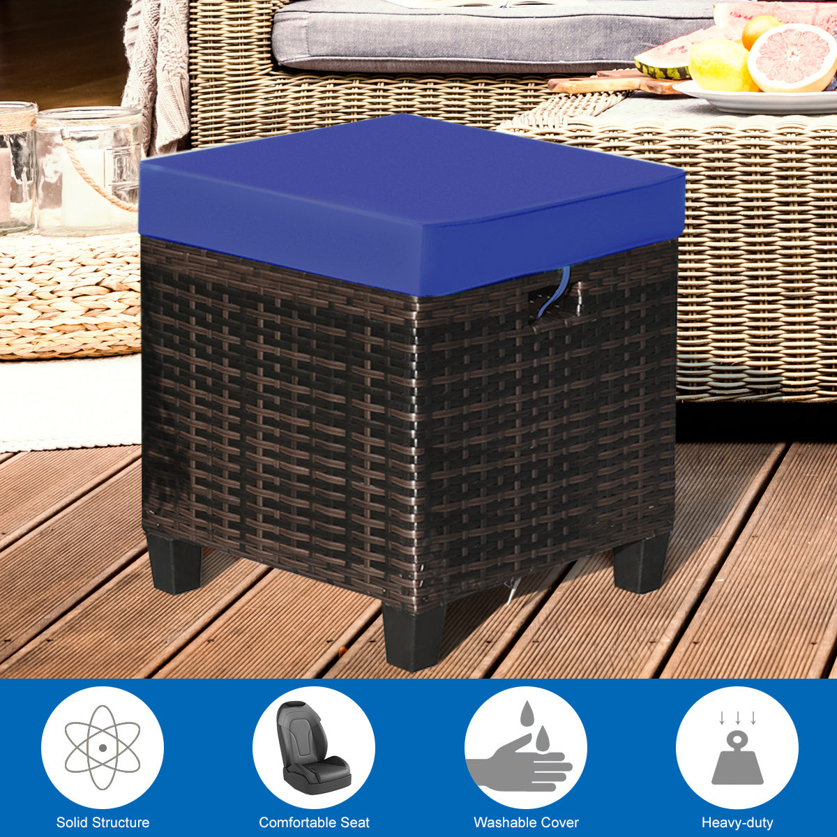 Patio Rattan Ottoman Set, 2 Pieces, Removable Cushions, Navy Outdoor Seating & Patio Chairs at Gallery Canada