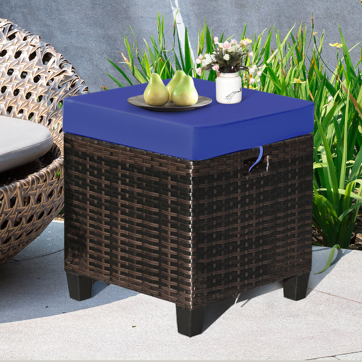 Patio Rattan Ottoman Set, 2 Pieces, Removable Cushions, Navy Outdoor Seating & Patio Chairs at Gallery Canada