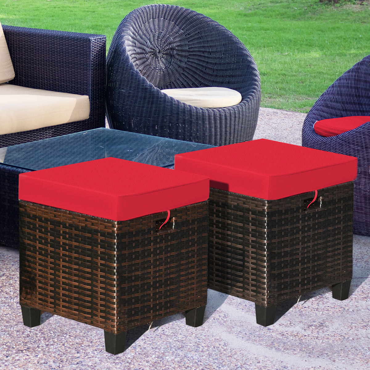 Patio Rattan Ottoman, Cushioned Seat, 2PCS, Red Outdoor Seating & Patio Chairs at Gallery Canada