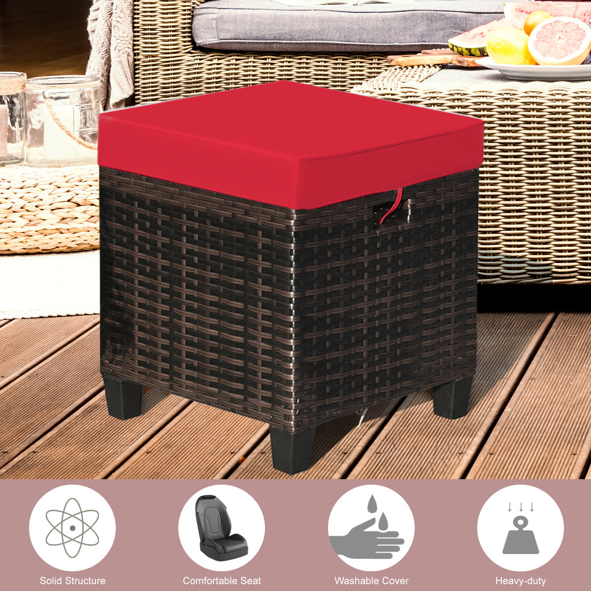 Patio Rattan Ottoman, Cushioned Seat, 2PCS, Red Outdoor Seating & Patio Chairs at Gallery Canada