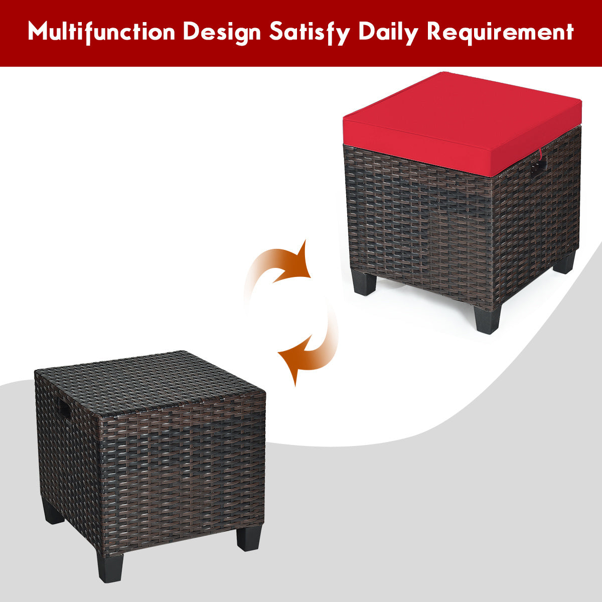 Patio Rattan Ottoman, Cushioned Seat, 2PCS, Red Outdoor Seating & Patio Chairs at Gallery Canada