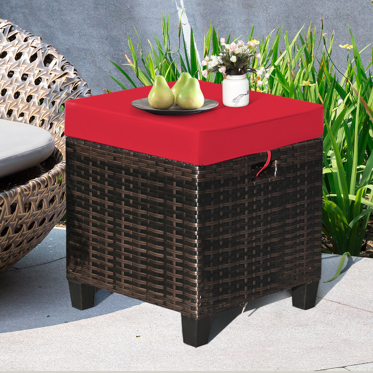 Patio Rattan Ottoman, Cushioned Seat, 2PCS, Red Outdoor Seating & Patio Chairs at Gallery Canada