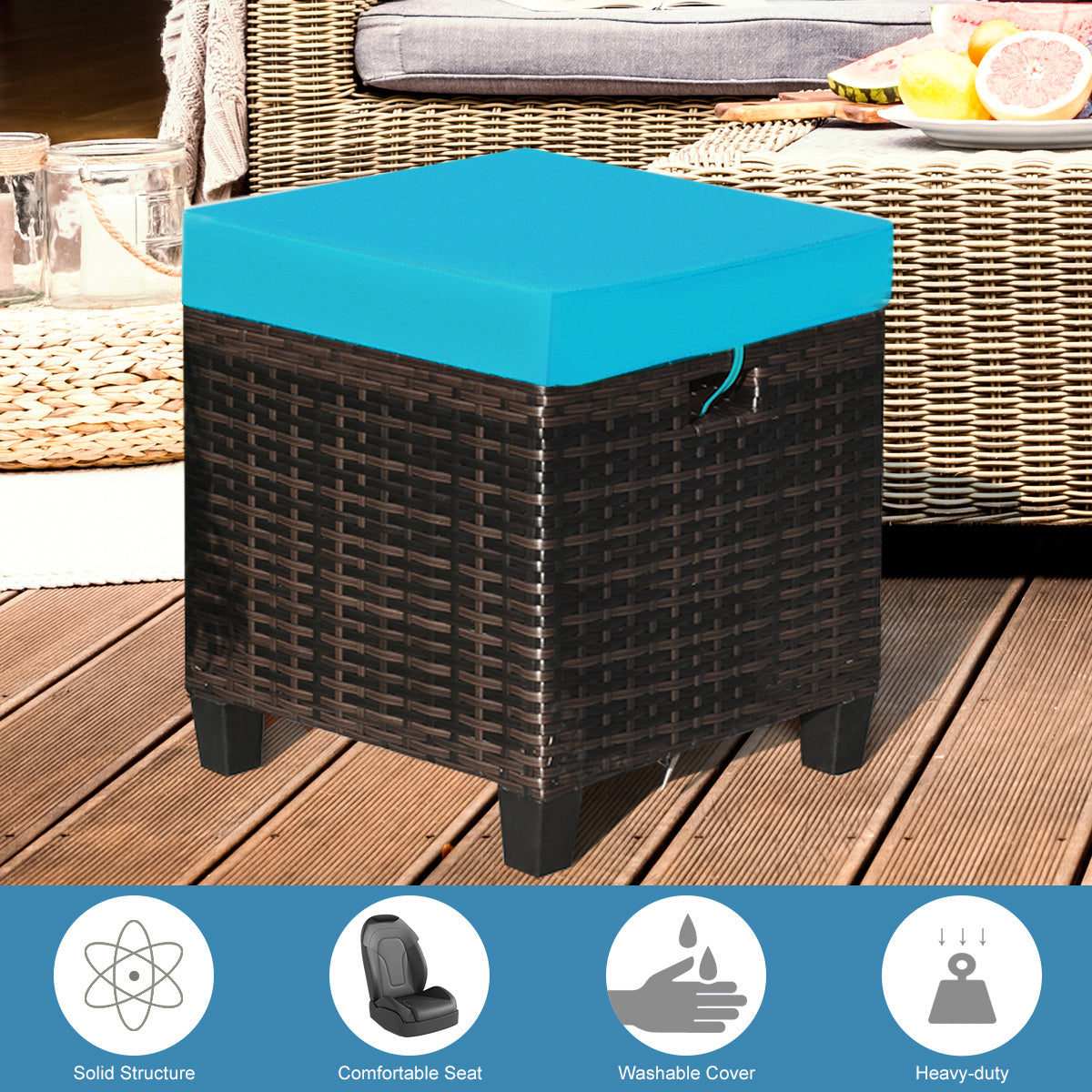 Patio Rattan Ottoman, Cushioned Seat, Blue Outdoor Seating & Patio Chairs at Gallery Canada