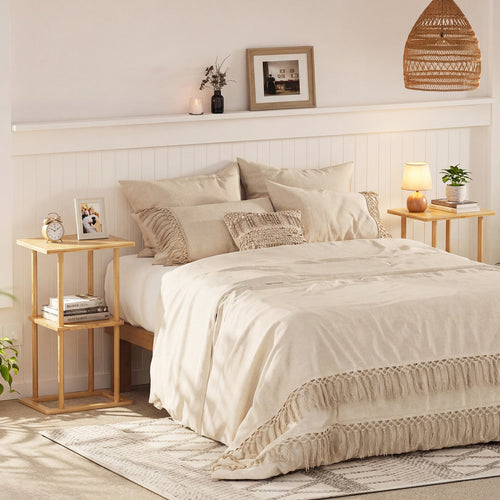 2 Pieces Side Table with Storage Shelves and Bamboo Construction, Natural