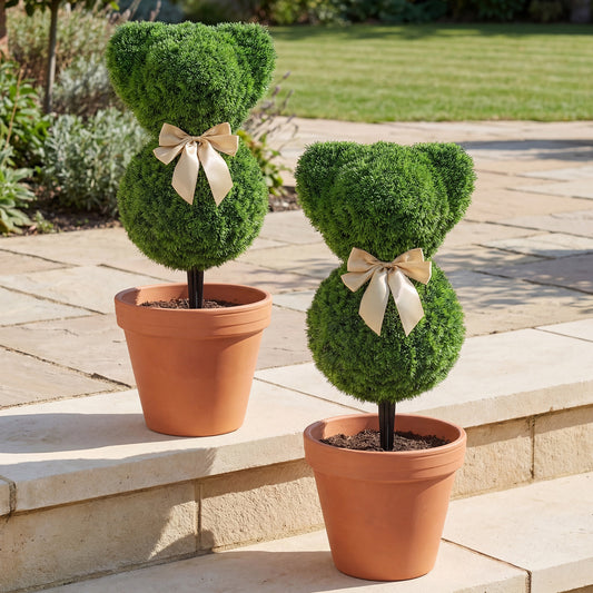 2 Teddy Bear Topiary Trees, Sun-Resistant Faux Boxwood Plants With Bowknot Faux Plants Options at Gallery Canada