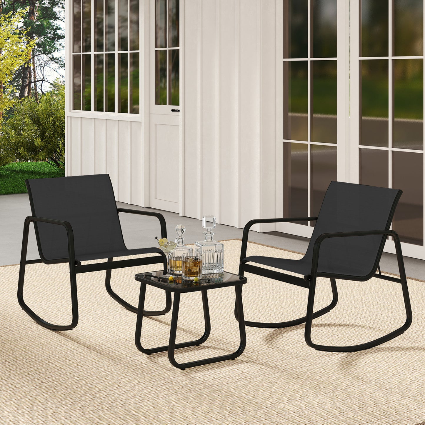 2 Rocking Bistro Chairs, Glass-Top Table, Black Patio Conversation Sets at Gallery Canada