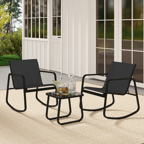 2 Rocking Bistro Chairs, Glass-Top Table, Black