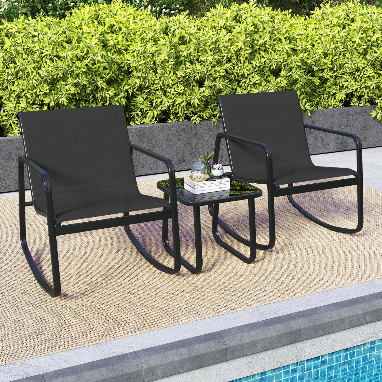 2 Rocking Bistro Chairs, Glass-Top Table, Black Patio Conversation Sets at Gallery Canada