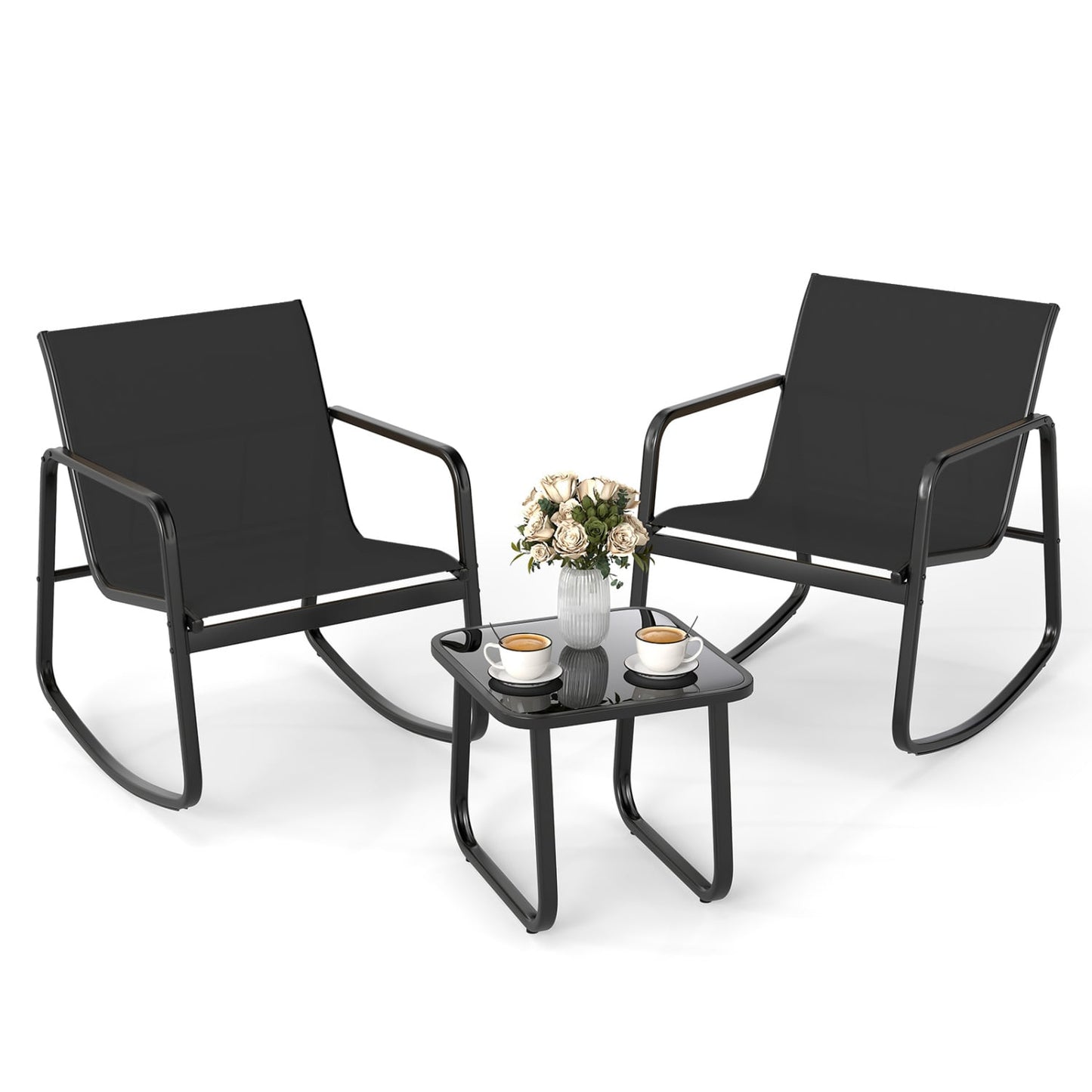 2 Rocking Bistro Chairs, Glass-Top Table, Black Patio Conversation Sets at Gallery Canada