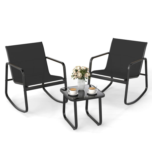 2 Rocking Bistro Chairs, Glass-Top Table, Black Patio Conversation Sets Black at Gallery Canada