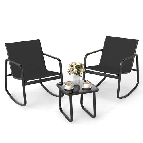 2 Rocking Bistro Chairs, Glass-Top Table, Black
