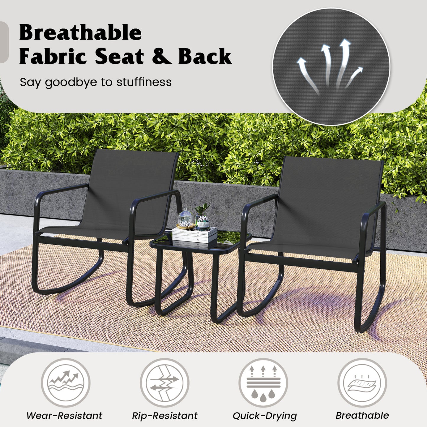 2 Rocking Bistro Chairs, Glass-Top Table, Black Patio Conversation Sets at Gallery Canada