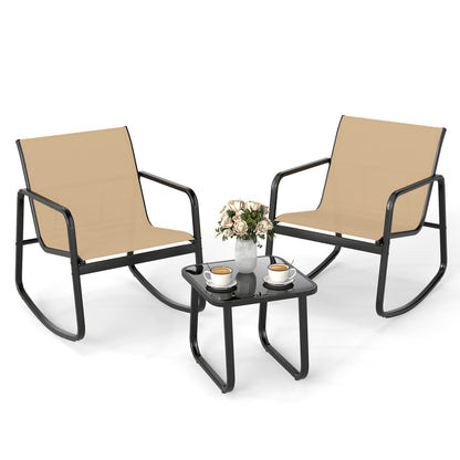 2 Rocking Bistro Chairs with Glass-Top Table, Brown