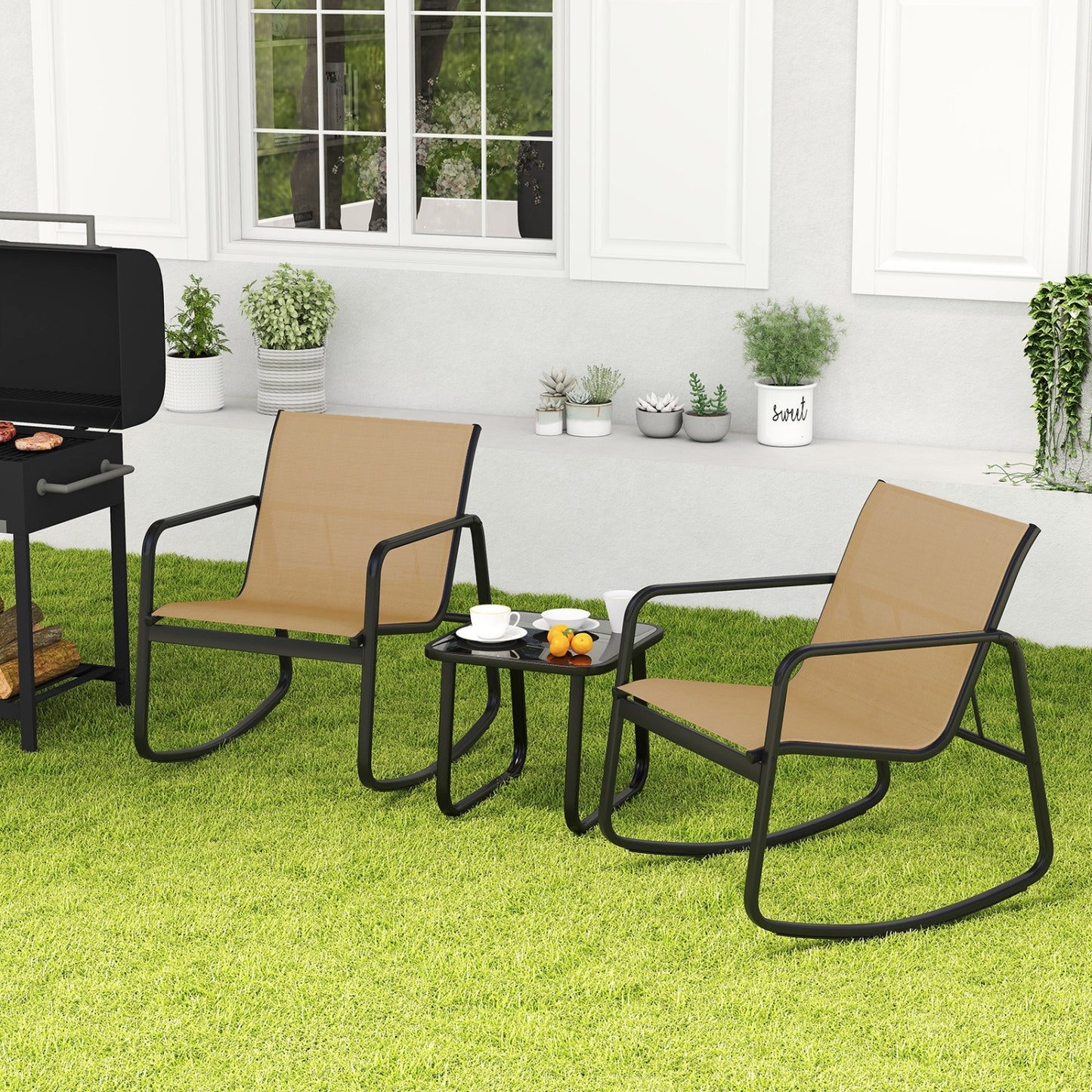 2 Rocking Bistro Chairs with Glass-Top Table, Brown