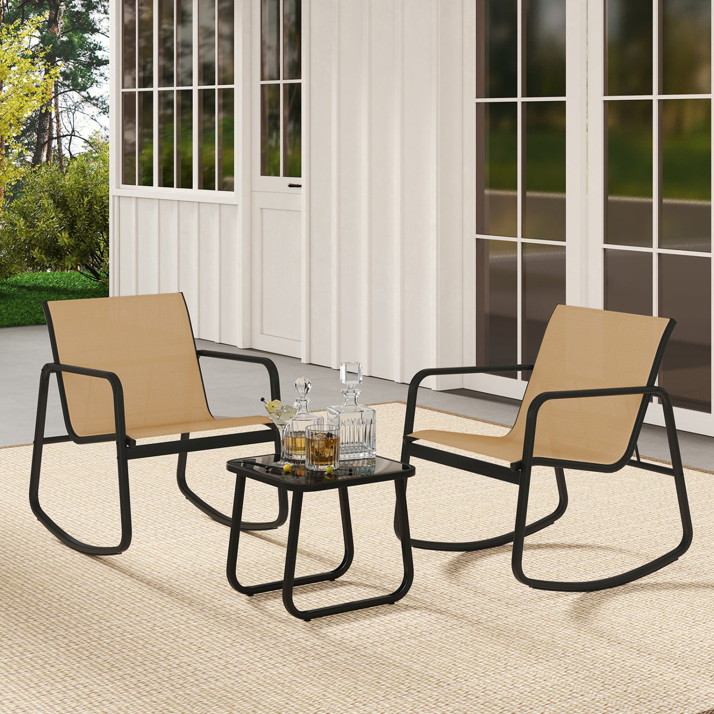 2 Rocking Bistro Chairs with Glass-Top Table, Brown