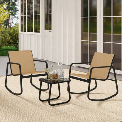 2 Rocking Bistro Chairs with Glass-Top Table, Brown