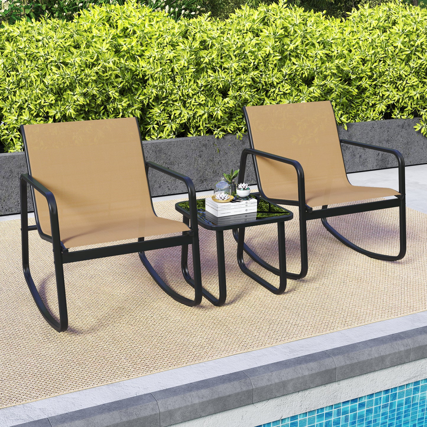 2 Rocking Bistro Chairs with Glass-Top Table, Brown