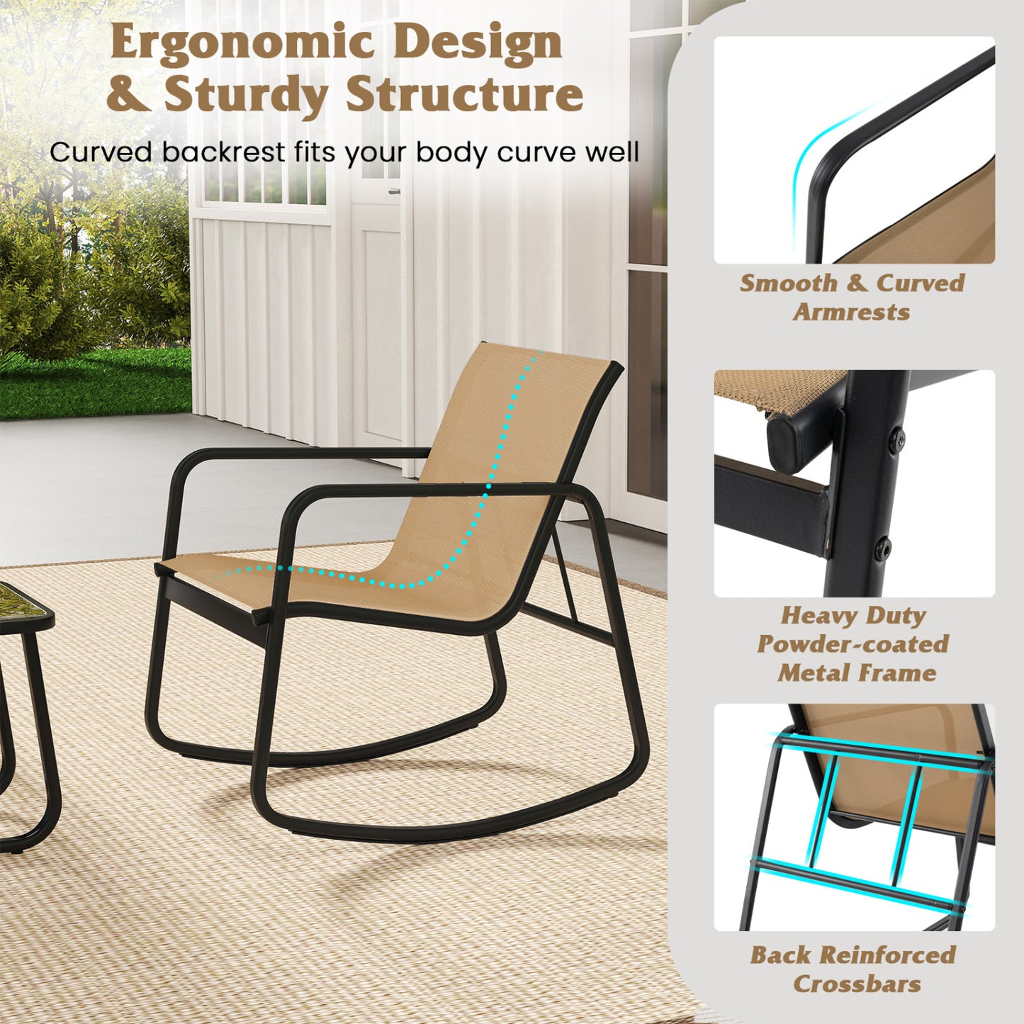 2 Rocking Bistro Chairs with Glass-Top Table, Brown