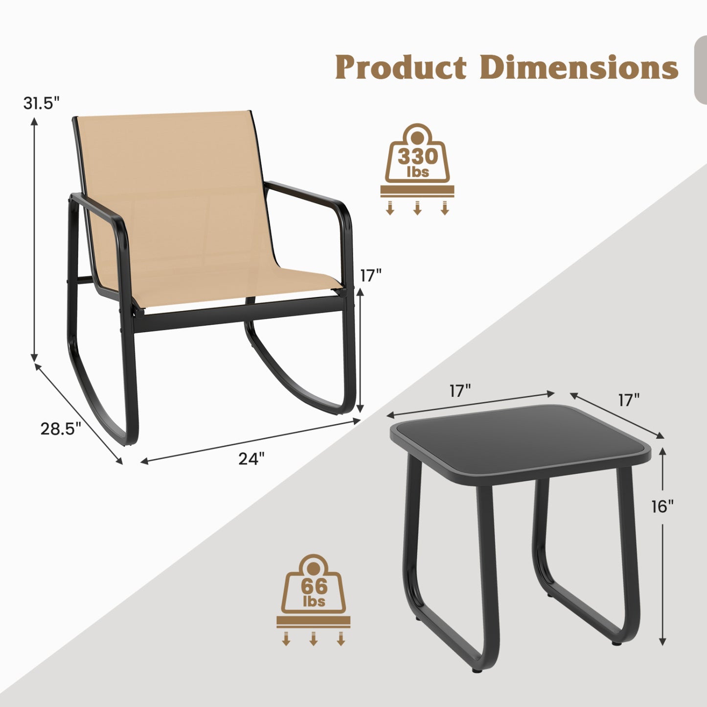 2 Rocking Bistro Chairs with Glass-Top Table, Brown