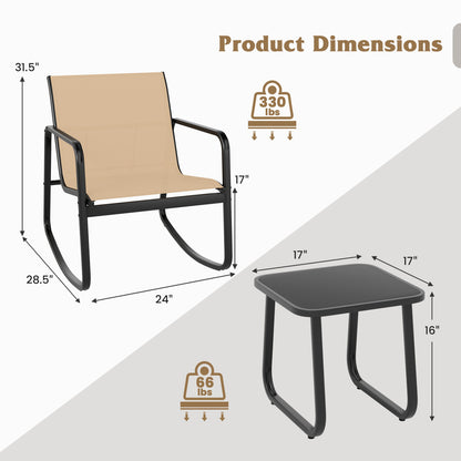 2 Rocking Bistro Chairs with Glass-Top Table, Brown