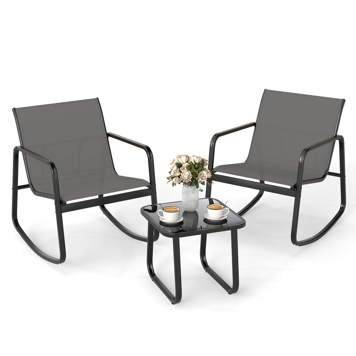 Chaises de bistrot à bascule et table en verre, gris