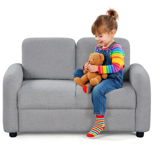 Kids Sofa, 2-Seat, Soft Teddy Fleece, Solid Wood Frame, Gray