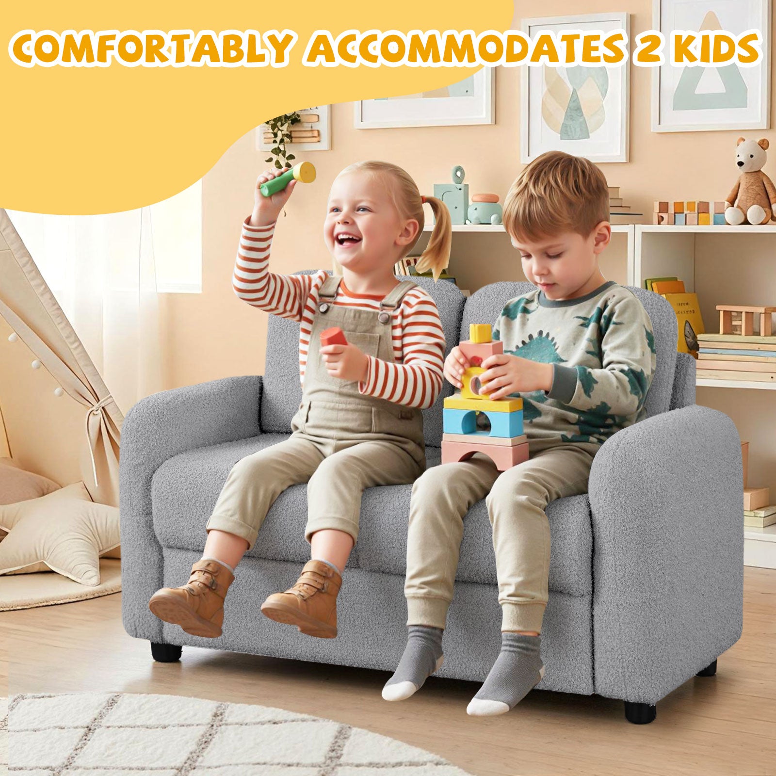 Kids Sofa, 2-Seat, Soft Teddy Fleece, Solid Wood Frame, Gray Kids Chairs & Seating at Gallery Canada