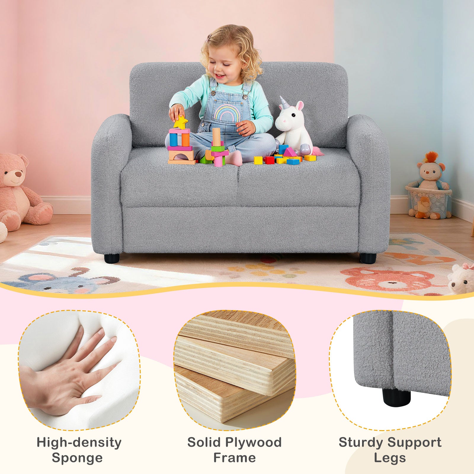 Kids Sofa, 2-Seat, Soft Teddy Fleece, Solid Wood Frame, Gray Kids Chairs & Seating at Gallery Canada