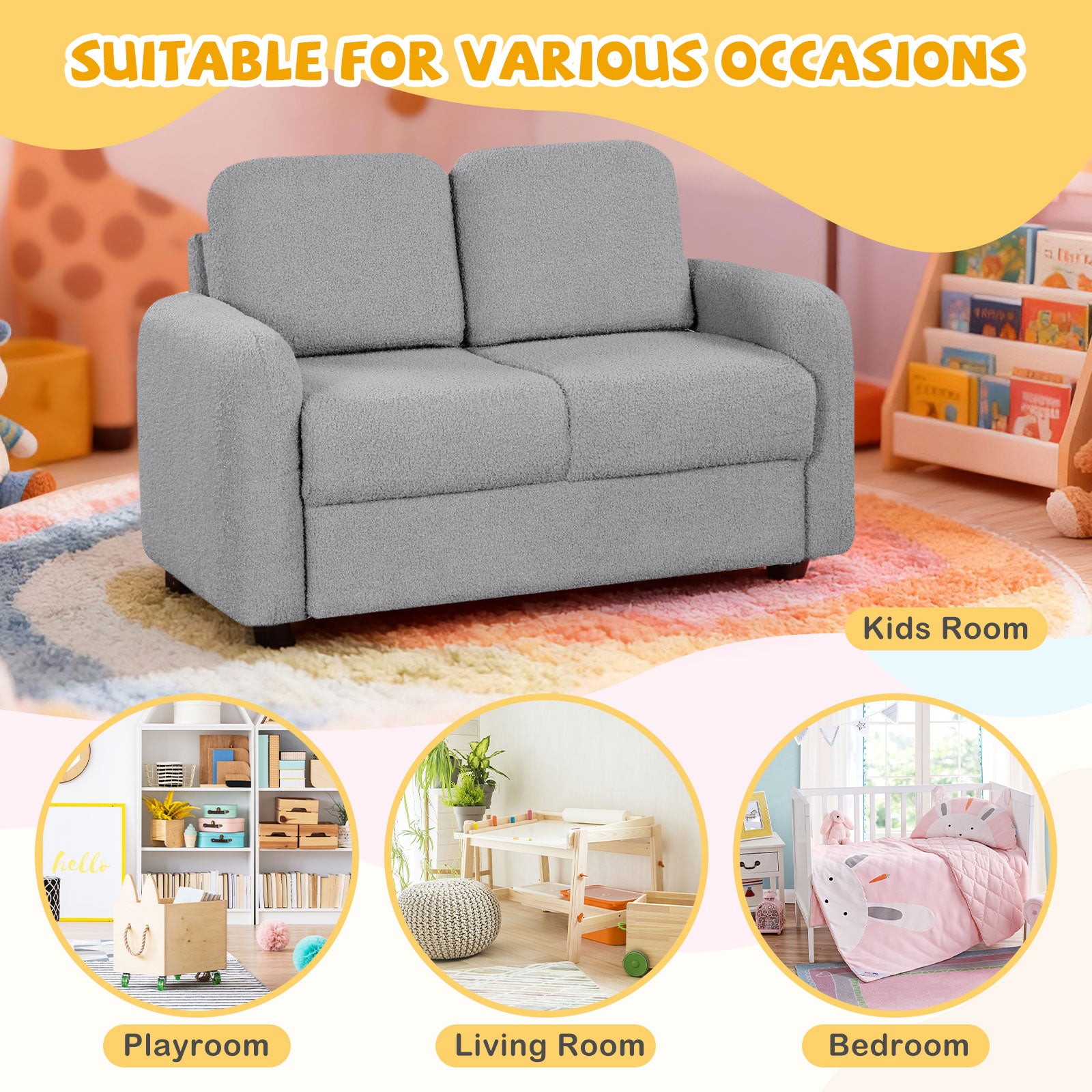 Kids Sofa, 2-Seat, Soft Teddy Fleece, Solid Wood Frame, Gray Kids Chairs & Seating at Gallery Canada