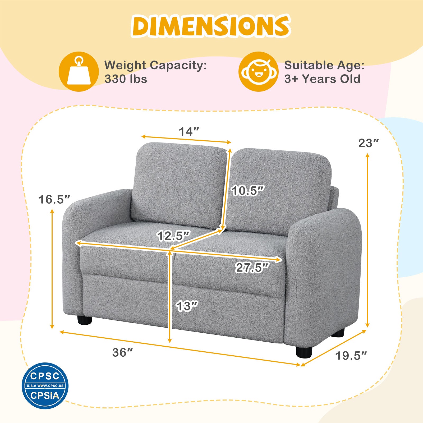 Kids Sofa, 2-Seat, Soft Teddy Fleece, Solid Wood Frame, Gray Kids Chairs & Seating at Gallery Canada