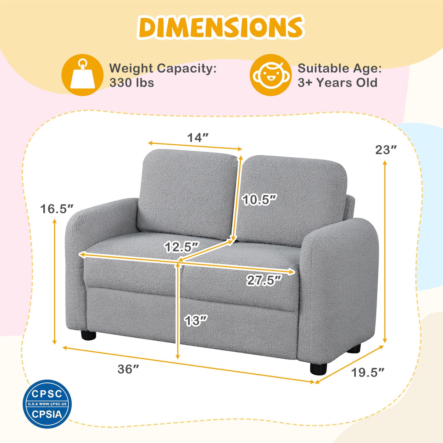 Kids Sofa, 2-Seat, Soft Teddy Fleece, Solid Wood Frame, Gray Kids Chairs & Seating at Gallery Canada