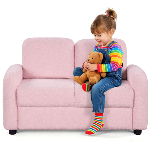 2-Seat Kids Sofa, Soft Teddy Fleece, Solid Wood Frame, Pink